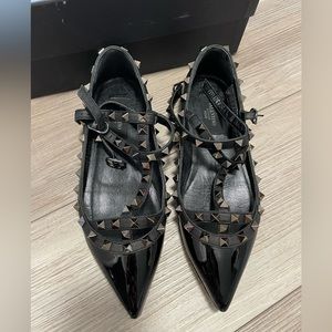 Valentino 'Rockstud' Double Ankle Strap Pointy Patent Toe Flat in all black